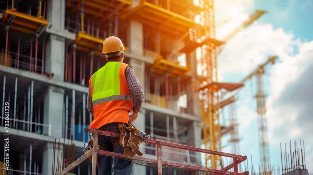 Worker and engineer collaborate at a busy construction site, ensuring safety with hardhats while engaging in architectural and engineering tasks amidst heavy machinery and a towering crane