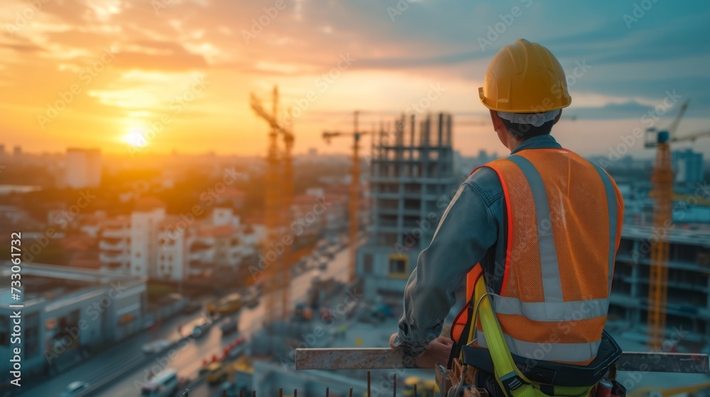 Worker and engineer collaborate at a busy construction site, ensuring safety with hardhats while engaging in architectural and engineering tasks amidst heavy machinery and a towering crane