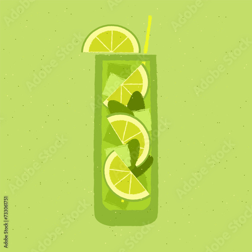 Green cocktail with lime, mint and ice cubes. Mojito in high glass. Citrus soda. Alcohol drink for bar. Cold soft liquid in tall glass. Non-alcoholic beverage. Flat vector illustration with texture