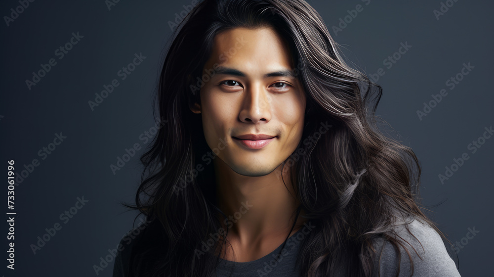 Elegant handsome smiling young Asian man with long hair, on grey, banner, copy space, portrait.