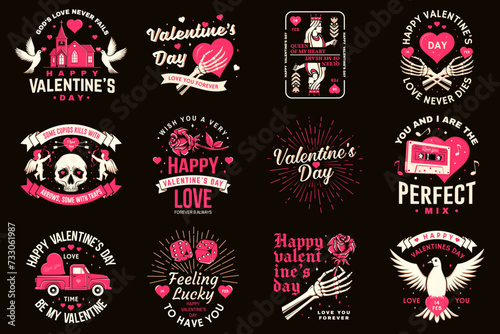 Set of vintage happy valentines day badge. Vector illustration. Template for Valentines Day greeting card, banner, poster, flyer with cupid holding bow, arrow, skeleton hand, rose and heart