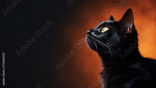 Black cat profile with intense yellow eyes against a warm, fiery backdrop