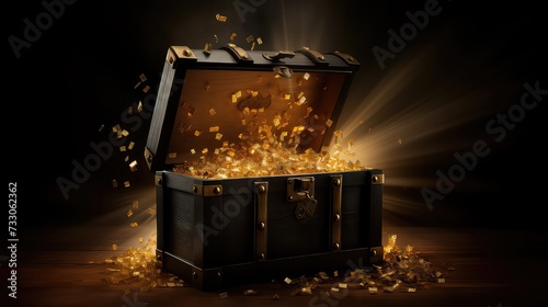 Treasure chest with golden light and dark background. photo
