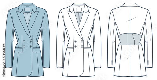 Cutout Jacket technical fashion illustration. Blazer Jacket fashion flat technical drawing template, double breasted, fitted, front and back view, white, blue, women, men, unisex CAD mockup set.
