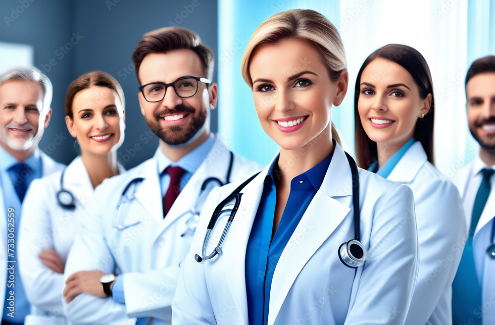 A group of scientists are standing in the hospital corridor and rejoicing after a successful operation. cheerful and successful scientists. A group of scientists are standing in the hospital corridor and rejoicing after a successful operation. cheerful and successful scientists.