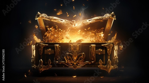 Open treasure chest with golden crown and gold splashes on black background