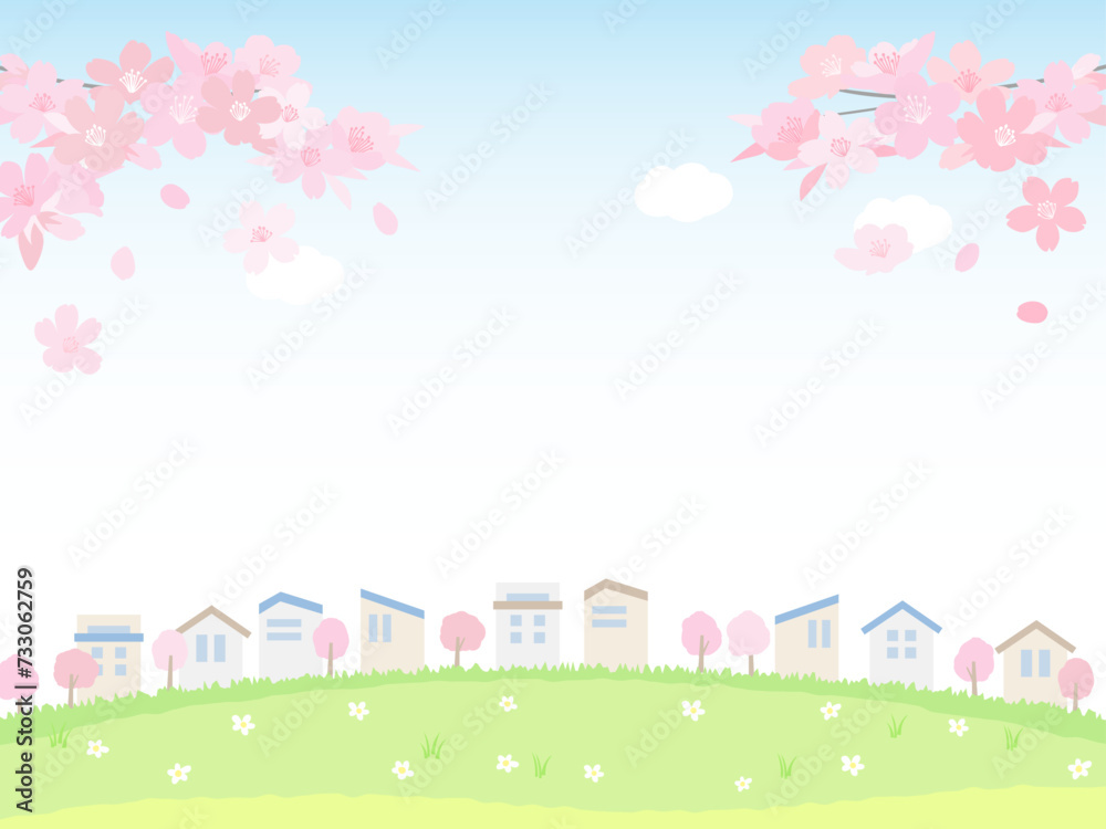 桜と青空と芝生と町並みの背景　春の景色
