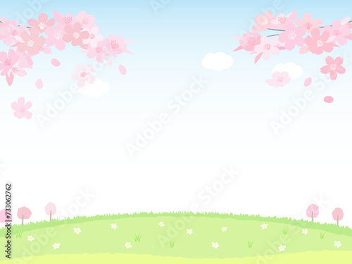桜と青空と草原　のどかな景色の背景素材
