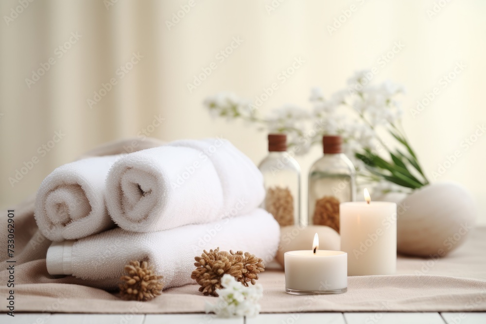 Beautiful spa treatment composition incorporating towels, candles, bottles with herbs on light background