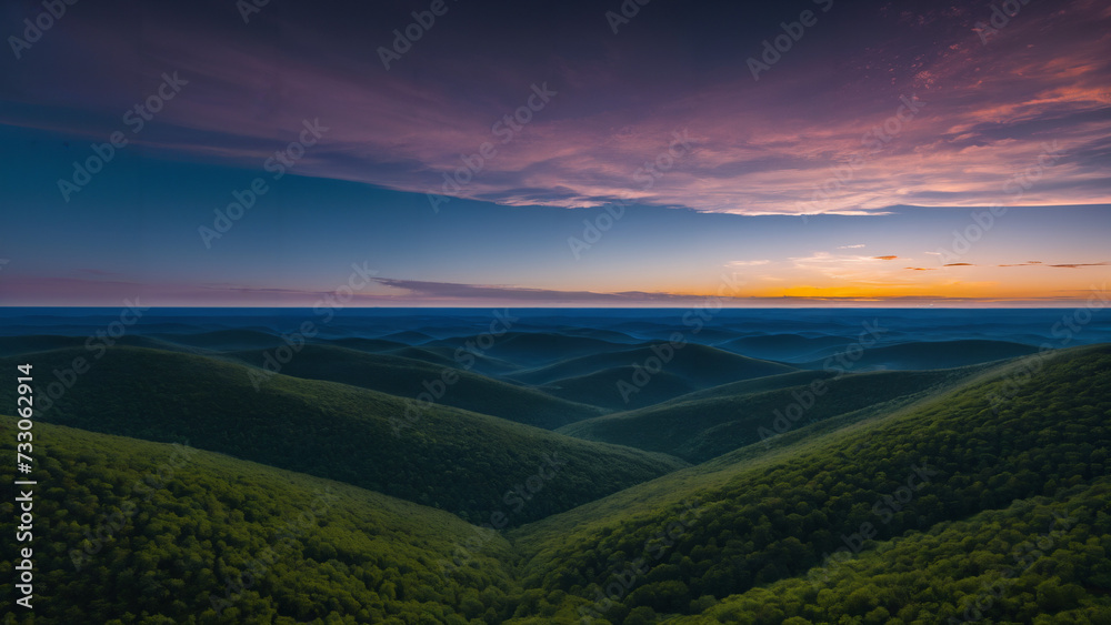  view of a valley with hills and trees at sunset, 