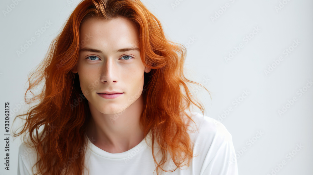 Handsome young male guy smile Asian with long red hair, on white background, banner, copy space, portrait. Handsome young male guy smile Asian with long red hair, on white background, banner, copy space, portrait.