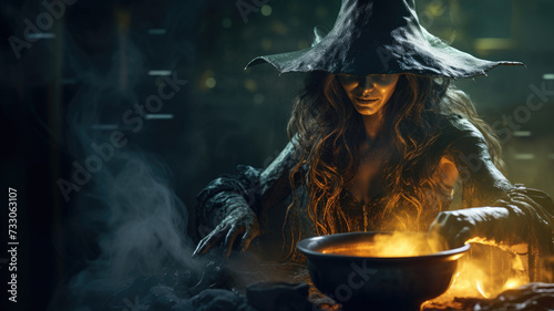 Mysterious witch conjuring over a smoking cauldron