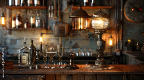 Metal table and vintage lamps with liquor bar background