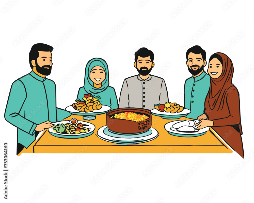 illustration of a family gathering at the dinner table, a symbol of breaking the fast. design for greeting cards, posters, banners, brochures, social media. ai generative design illustration of a family gathering at the dinner table, a symbol of breaking the fast. design for greeting cards, posters, banners, brochures, social media. ai generative design