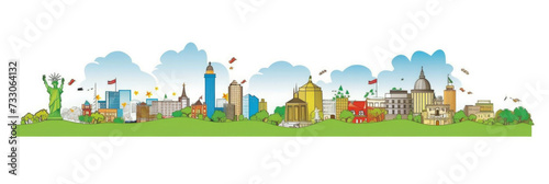 Washington DC city panorama  urban landscape. Business travel and travelling of landmarks. Illustration  web background. Buildings silhouette. United States