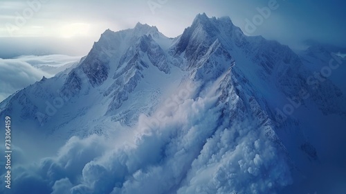 Aerial shot of mountains, Snow Avalanche Descending on a Remote Peak