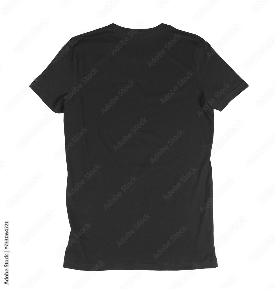 Back view of black t-shirt mockup on a white background, simple and versatile. Fashion mockup Back view of black t-shirt mockup on a white background, simple and versatile. Fashion mockup