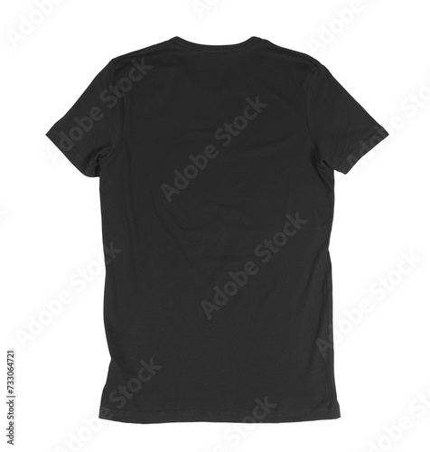 Back view of black t-shirt mockup on a white background, simple and versatile. Fashion mockup