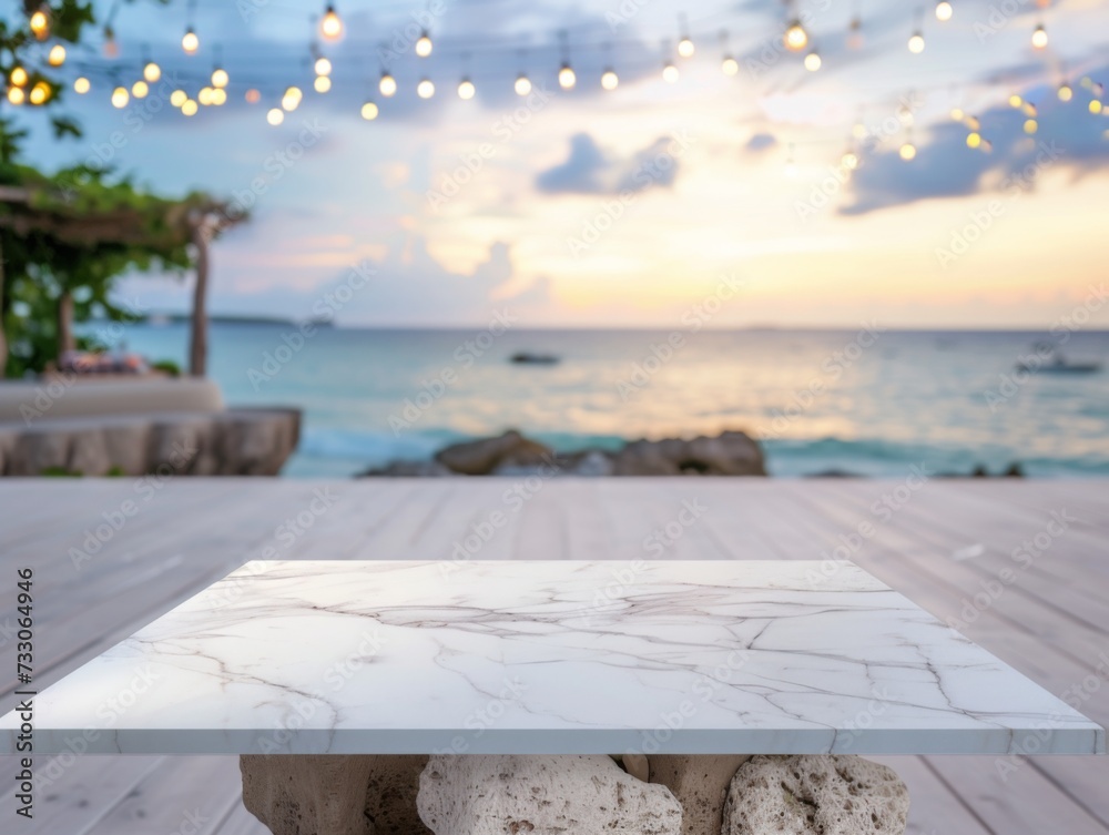 White marble table for mockup, blurred wedding background