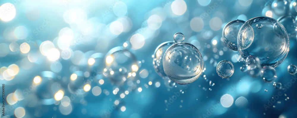 Transparent water bubbles floating gracefully, reflecting the sunlight in a serene, blue aquatic environment. Transparent water bubbles floating gracefully, reflecting the sunlight in a serene, blue aquatic environment.