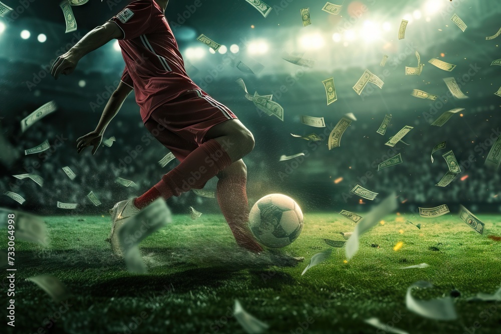 Soccer player with a falling banknotes as soccer bet. Generative AI