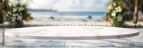 White marble table for mockup, blurred wedding background