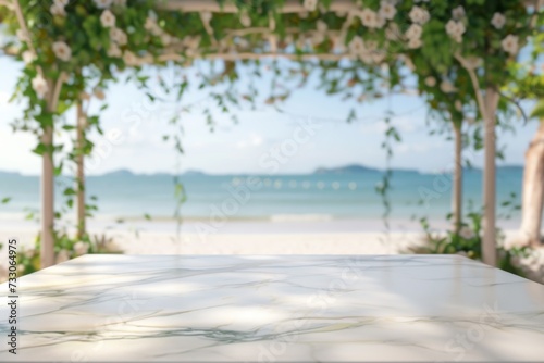 White marble table for mockup  blurred wedding background