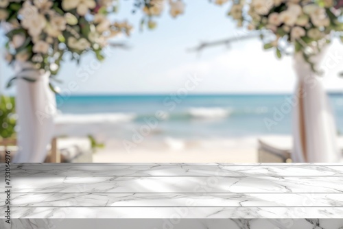 White marble table for mockup, blurred wedding background © Stefano