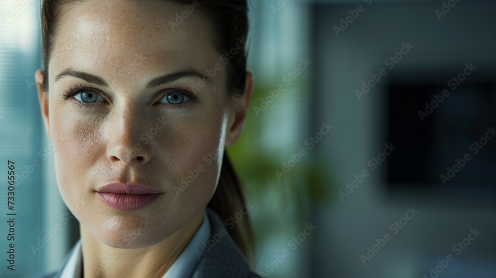 A close-up of a lady boss with a focused expression, showcasing determination and resilience in the business world A close-up of a lady boss with a focused expression, showcasing determination and resilience in the business world