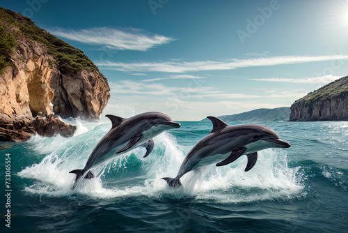 Picture of Playing Dolphins Effortlessly Jumping Out of the Water, created with Generative AI technology © Snap2Art