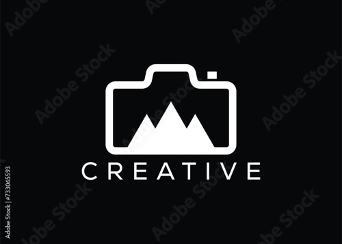 Minimalist hill camera logo design vector template. Creative modern adventure photoshoot logo