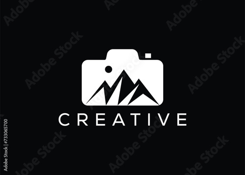 Minimalist hill camera logo design vector template. Creative modern adventure photoshoot logo