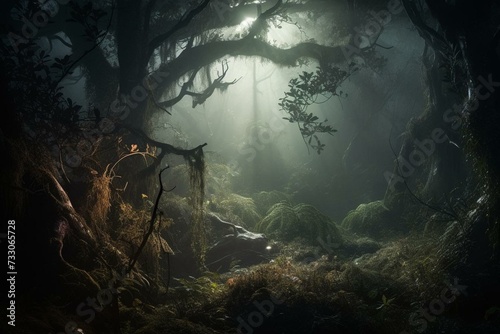 A captivating view of a foggy, mystical forest at night, filled with fairies and mythical creatures. Generative AI