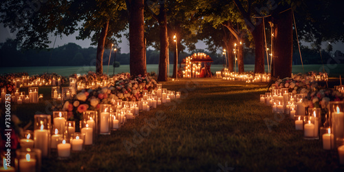 candles and flowers in the garden at sunset Glowing Halloween pathway lights eerie outdoor scene background with empty candles are lit in a row at night.