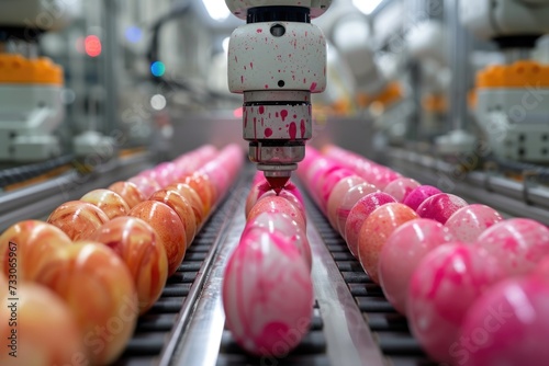 Industrial machinery precisely decorates Easter eggs in vibrant pink tones, reflecting a modern approach to traditional Easter festivities. The image radiates with shades of fuchsia and white.