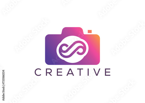 Minimalist infinity camera logo design vector template. Creative modern infinity photoshoot logo