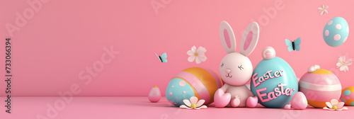 Easter 3D banner, bunny sit beside Easter egg box against minimal backdrop background Easter banner with easter eggs,3D illusion, digita manipulation, creative commons attribute, multicolor, poet core photo