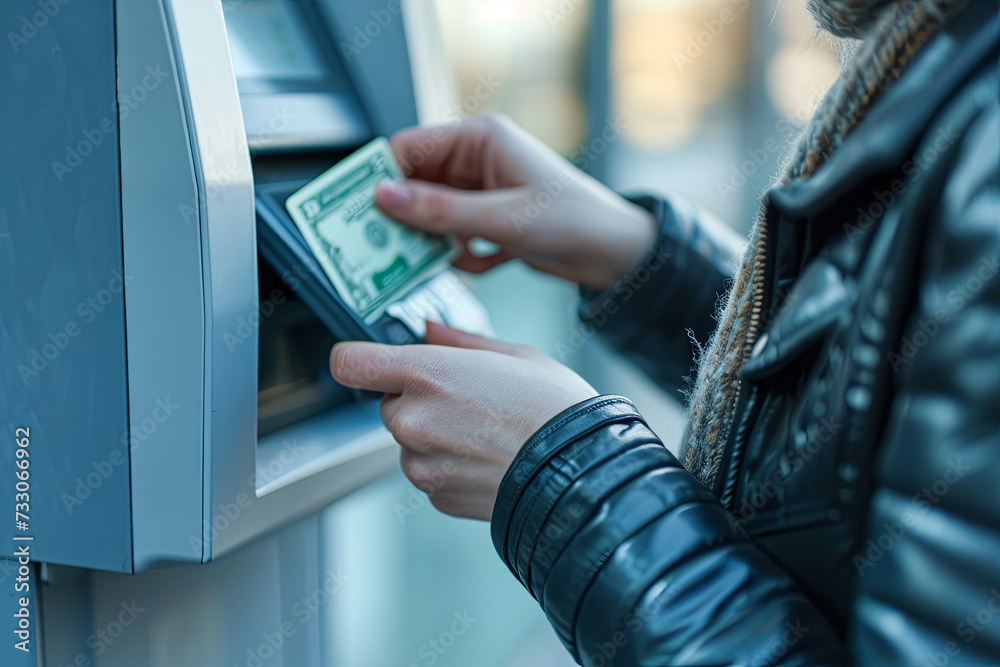 Obraz premium An individual withdrawing cash from an ATM