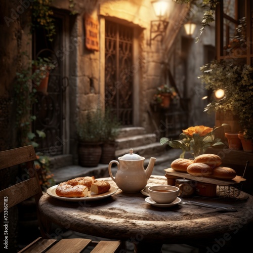 Angolo caratteristico di un vicolo italiano, con un tavolino che ospita un cornetto appena glassato e una tazza di caffè, mentre il profumo di caffè fresco si diffonde nell'aria