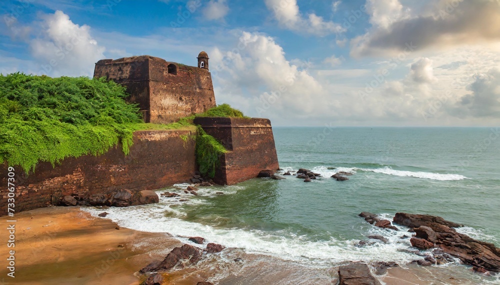 old ruins of fort aguada on the seashores of goa with sky and clouds