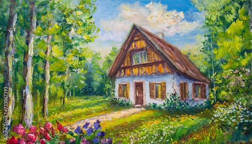 oil painting house in the summer forest