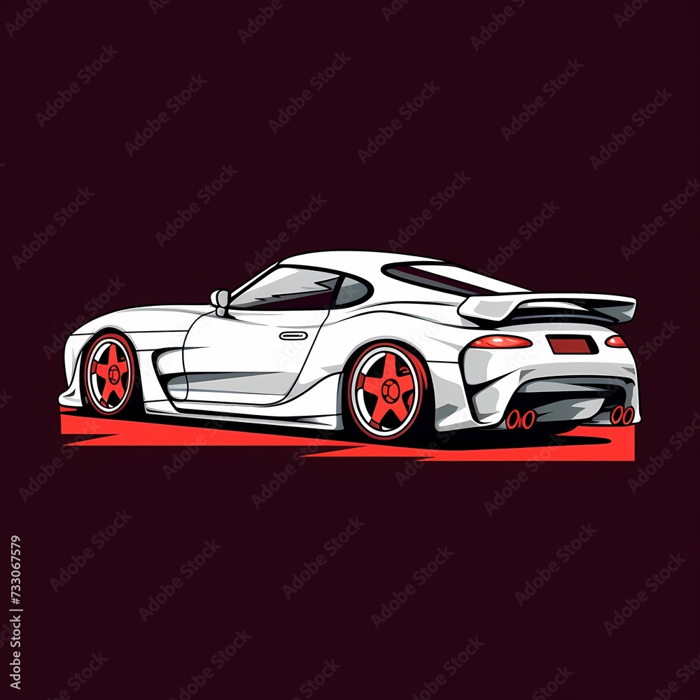 Sleek White Sports Car Illustration with Red Accents on a Dark Background