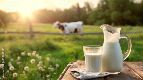A banner with a glass jug and a glass of milk on a wooden table against the background of a summer field and a cow. Milk template background.
