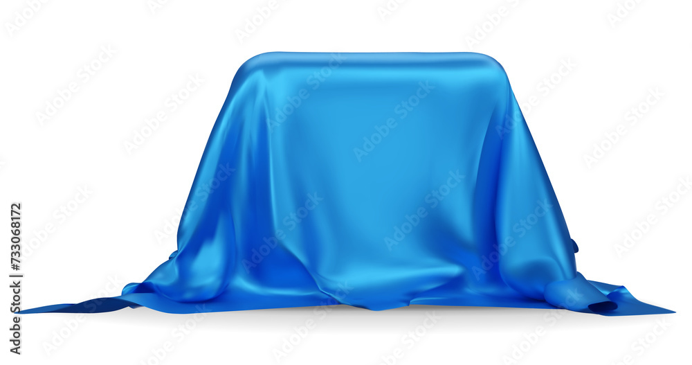 Podium covered with a piece of blue silk isolated on  background. Realistic box covered with blue cloth. Podium for product, cosmetic presentation. Creative mock up. 3d png illustration.