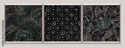 Seamless gray camouflage patterns with leaves, polka dot ornament. Grunge style. For apparel, fabric, textile, sport goods design.