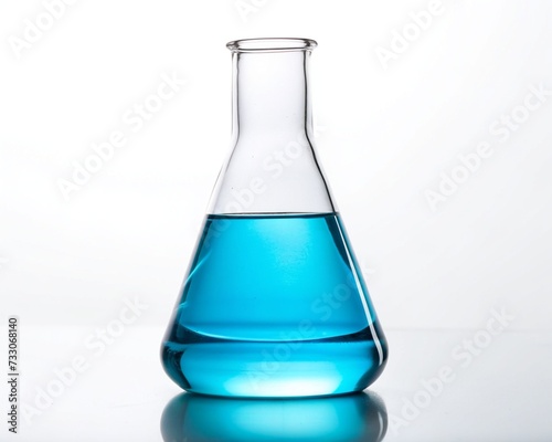 Conical flask with light blue liquid isolated on white background 