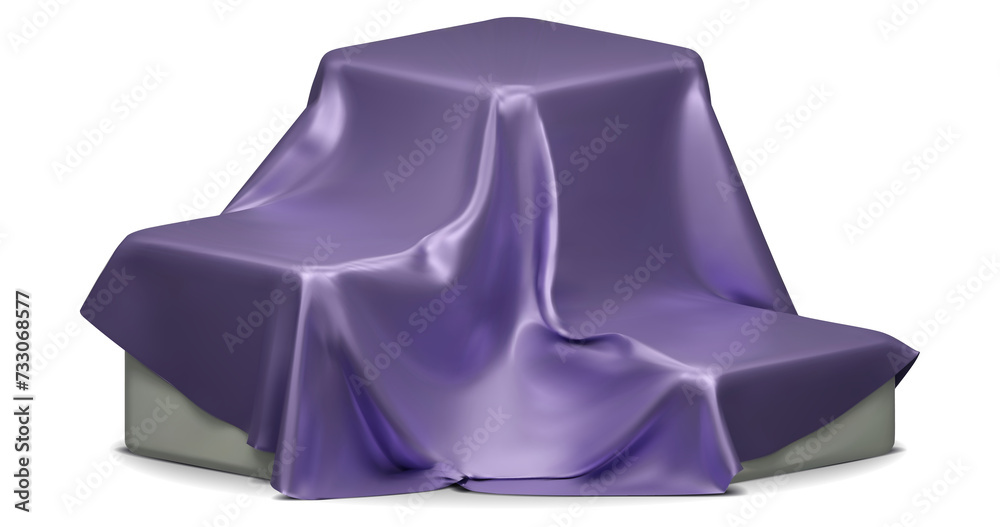 Podium covered with a piece of purple silk isolated on background. Realistic box covered with cloth. Podium for product, cosmetic presentation. Creative mock up. 3d png illustration.
