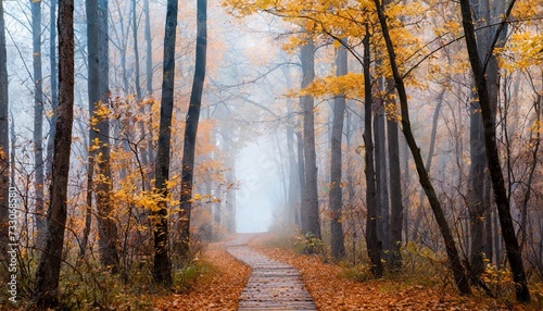 beautiful foggy autumn mysterious forest with pathway forward footpath among high trees with yellow leaves