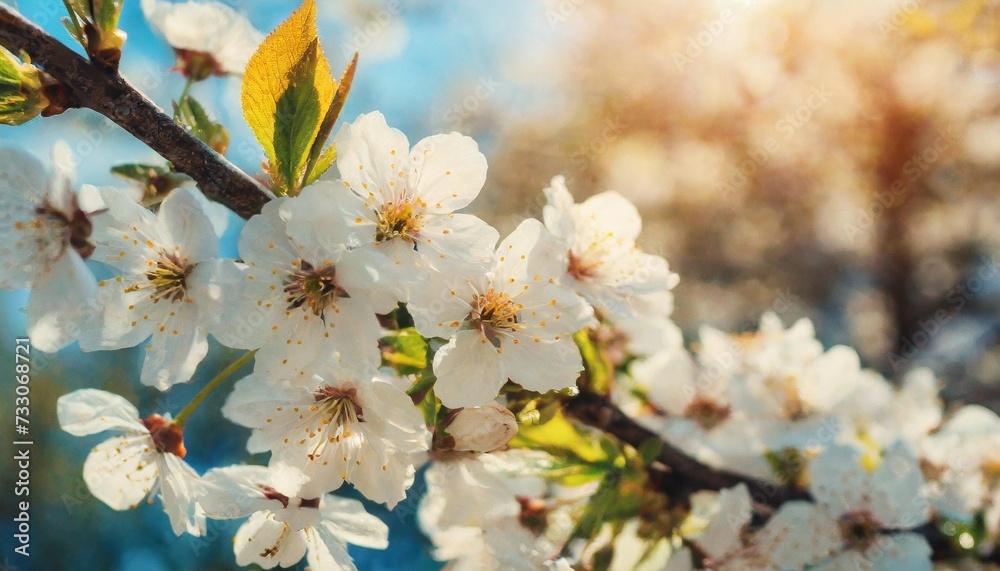 beautiful spring or summer background with fresh blooming cherry tree in the morning close up with soft blurred focus