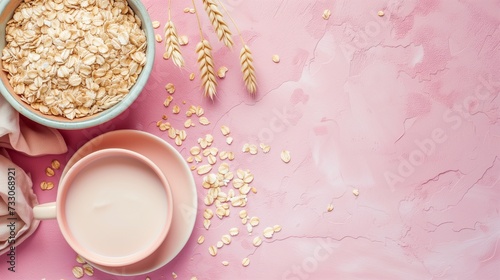 A banner with oat milk or yogurt in a mug with oat flakes and ears on a pink background. Horizontal food photo with an oatmeal drink  top view  copy space.